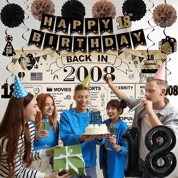 DARUNAXY 18th Birthday Party Decorations for Boys, Vintage Back in 2008 Banner, Black 18 Number Balloons & Cake Topper, Vintage 2008 Sweet 18 Birthday Honeycomb Hanging Swirl Confetti Balloons(30PC)