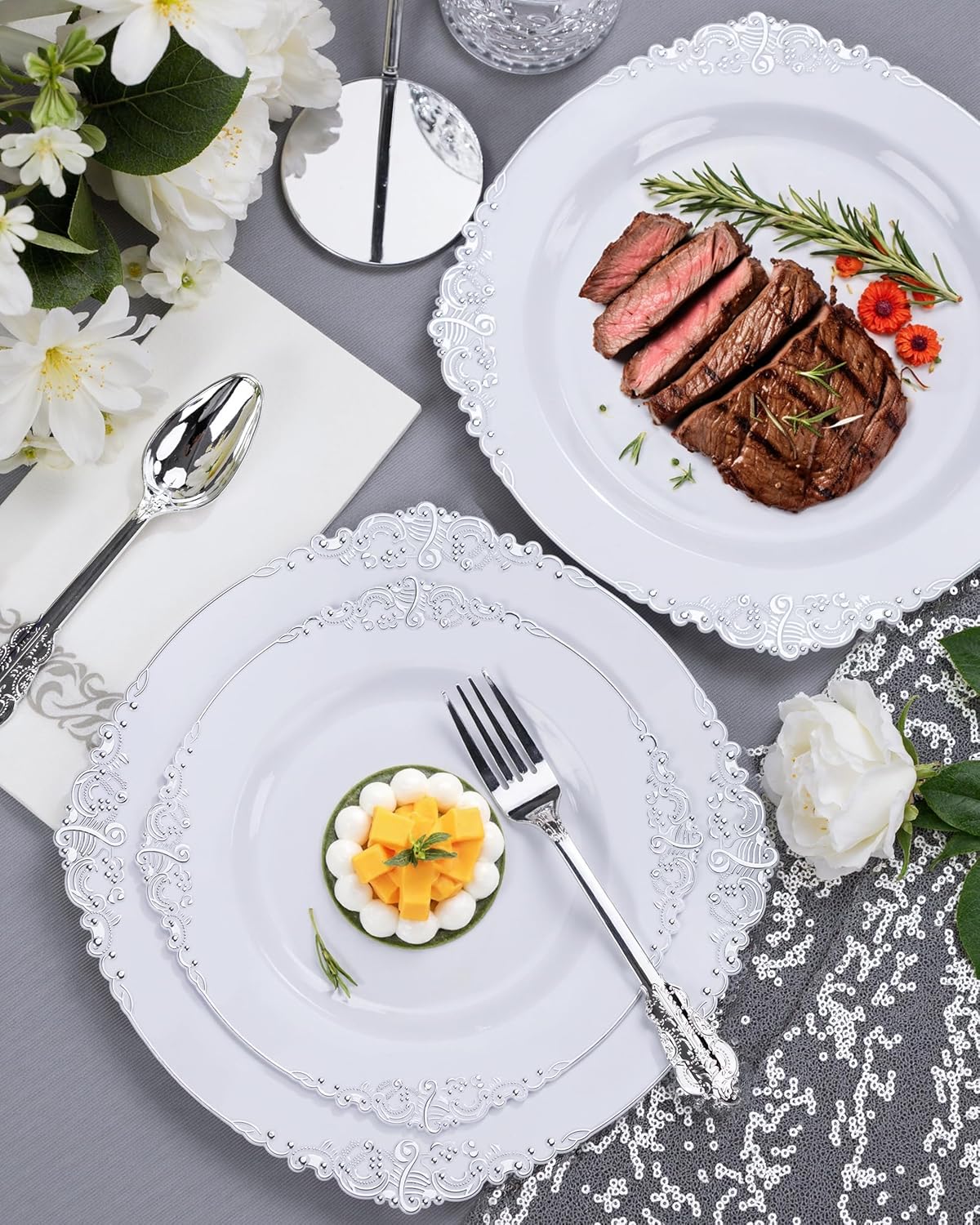 Nervure 175PCS Silver Plastic Plates - White and Silver Disposable Plates for 25 Guests Include 50Plates, 25Cups, 25Forks, 25Knives, 25Spoons, 25Napkins for Wedding & Party
