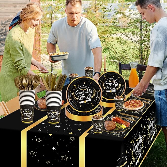 Graduation Decorations Class of 2026 Graduation Party Decorations,147 PCS Disposable Congrats Grad Tableware,Black and Gold Tablecloth Knives Fork Plates Napkin Cups for School,College,Party,Serve 24