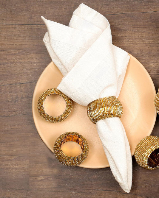 Goroly Home Beaded Napkin Rings Set of 4, Hand Made Round Beaded Napkin Rings Perfect for Christmas, Thanksgiving, Family Gatherings - A Beautiful Complements to Your Dinner Table Décor - Gold