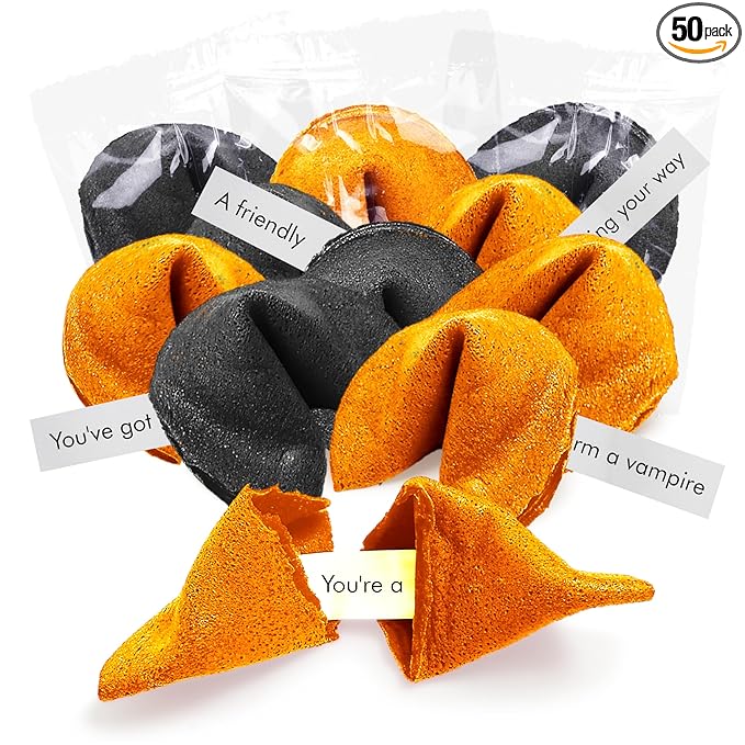 4E's Novelty Halloween Fortune Cookies Bulk - 50 Individually Wrapped with 50 Funny & Scary Fortune Cookies Sayings for Kids & Adults, Trick-or-Treat Perfect for Halloween Party