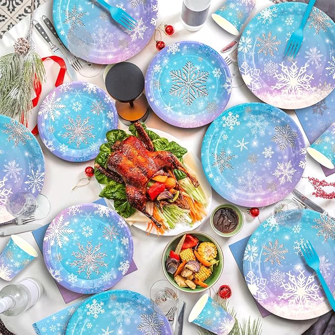 149Pcs Winter Snowflake Wonderland Paper Plates and Napkins Set,Frozen Birthday Party Decorations,for Christmas Winter Holiday New Year Party Supplies,Serves 24