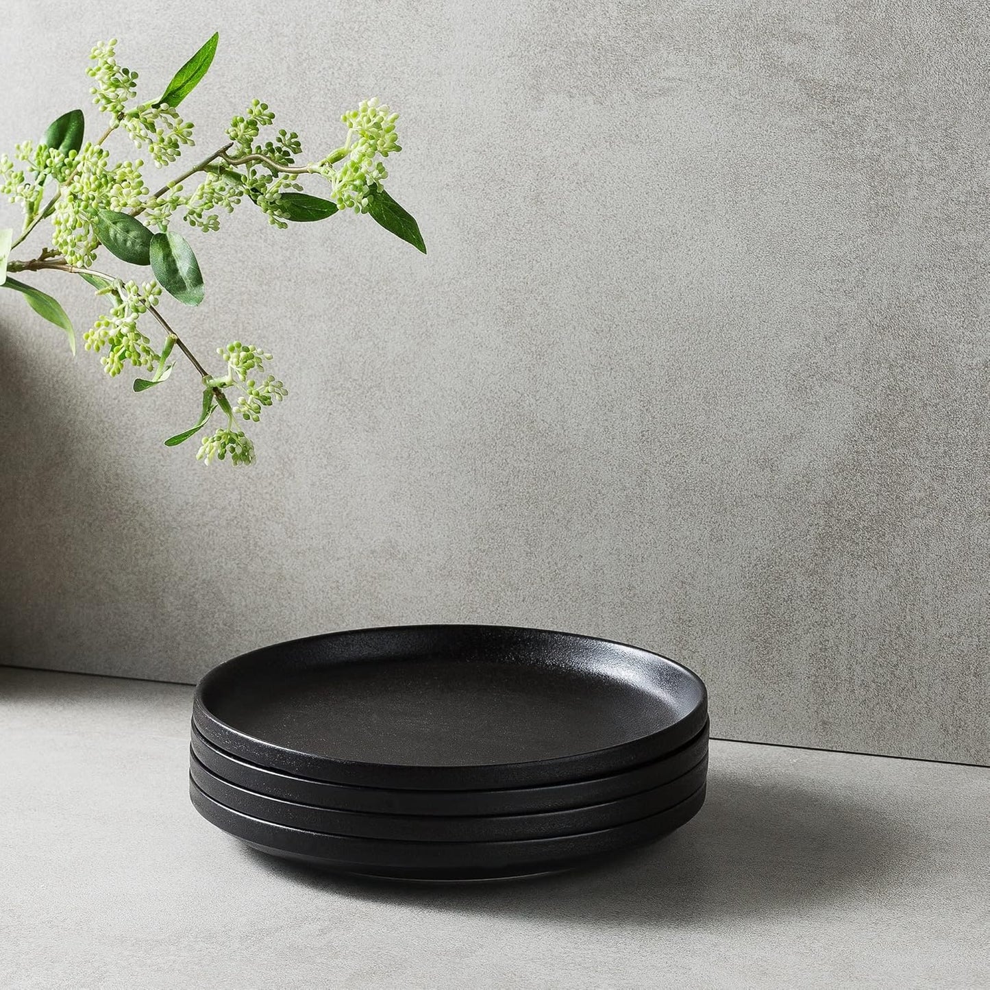 Ceramic Flat Plates Set of 4-8 in - The Dessert, Salad, Appetizer, Small Lunch, etc Plate. Microwave, Oven, and Dishwasher Safe, Scratch Resistant. Kitchen Porcelain Dish-Matte Black