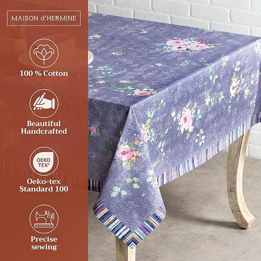 Maison d' Hermine Table Cloth Rectangle Table 100% Cotton 60 x 90 Inches Tablecloth Reusable Decorative for Dining Room Valentines Day Decorations Spring Summer - Sweet Rose Lavender - Country Garden