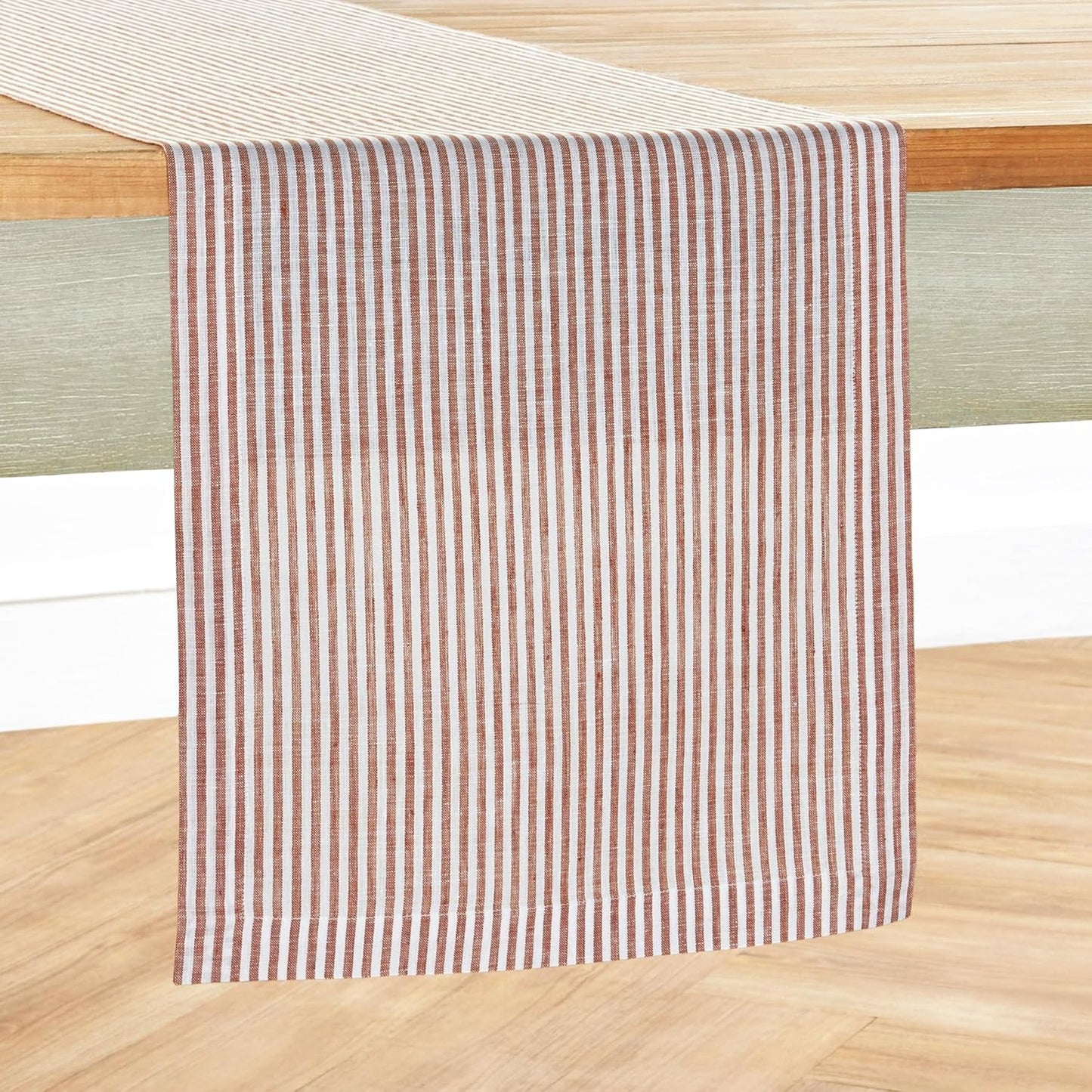 Solino Home Linen Table Runner 48 Inches - Narrow Stripe 100% Pure Linen Cinnamon and White Table Runner 14 x 48 Inch Ideal for Dresser and Coffee Tables - Fall, Autumn, Halloween, Thanksgiving