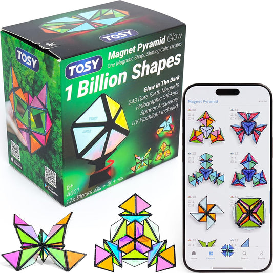 TOSY Magnet Pyramid Glow - 1 Cube Transforms into 1 Billion Shapes, 12 Pieces, 243 Rare Earth Magnets, Glowing, Holographic Design Magnet Tiles Creative Puzzle STEM/STEAM Toy
