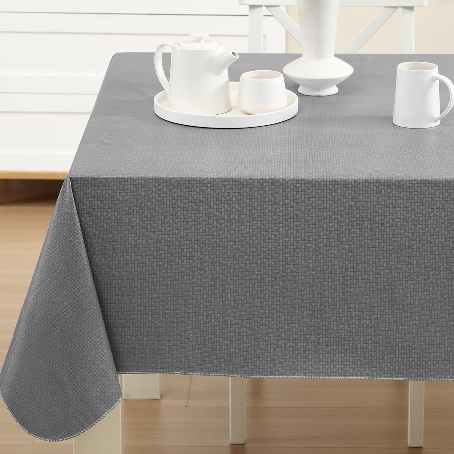 Newbridge Basketweave Vinyl Flannel Backed Tablecloth, 52 x 70 Inch Rectangle, Grey, Basket Weave Textured Indoor Outdoor Waterproof Table Cover for Patio, Kitchen, Dining