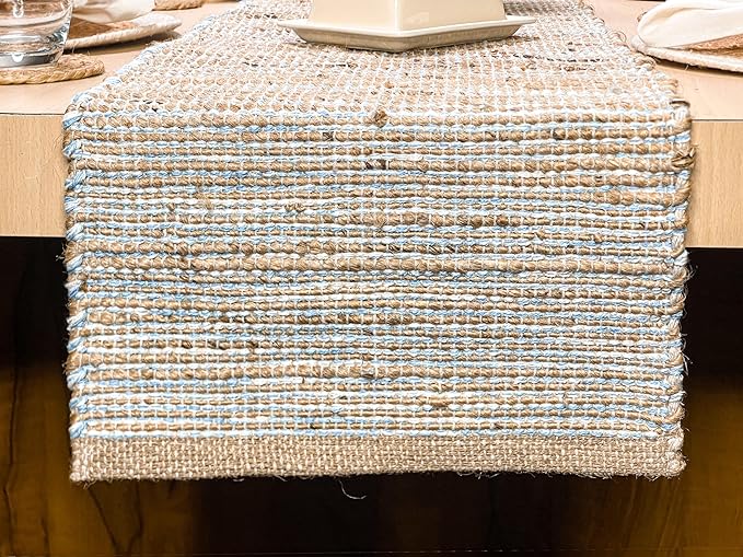 Chardin home Natural Jute Table Runner 13x72 Inch – Vintage Boho Rustic Table Decor – Handwoven Table Runner in Natural Jute and Sky Blue-White – Farmhouse Dining or Console Table Accent