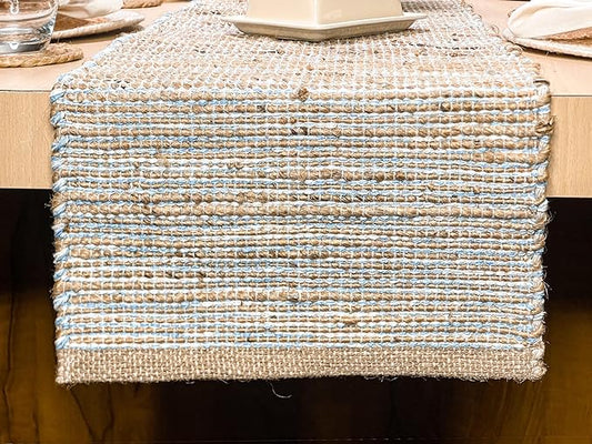 Chardin home Natural Jute Table Runner 13x72 Inch – Vintage Boho Rustic Table Decor – Handwoven Table Runner in Natural Jute and Sky Blue-White – Farmhouse Dining or Console Table Accent