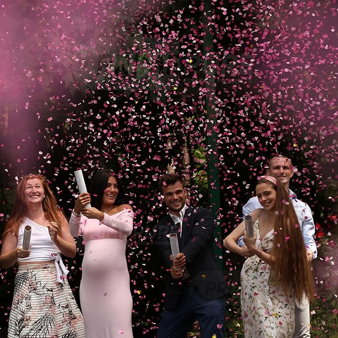 PrimePure Gender Reveal Confetti Cannon - Biodegradable Powder & Heart Shaped Confetti Poppers - Pink, 4 Pack - Baby Girl Gender Reveal Smoke Bombs - Powder Cannon Party Poppers Pink Party Supplies