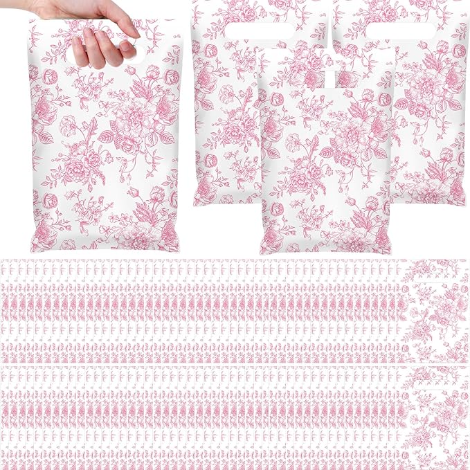 Supervitae 100 Pcs Plastic Pink Gift Bags Flower Party Favor Bags Bulk with Handles for Valentine Mother's Day Birthday Spring Wedding Bridal Baby Shower Snacks Goodies Candy Treat Tea Party Supplies