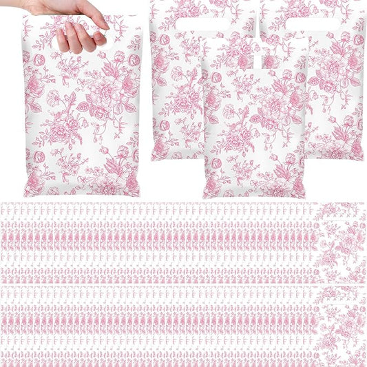 Supervitae 100 Pcs Plastic Pink Gift Bags Flower Party Favor Bags Bulk with Handles for Valentine Mother's Day Birthday Spring Wedding Bridal Baby Shower Snacks Goodies Candy Treat Tea Party Supplies