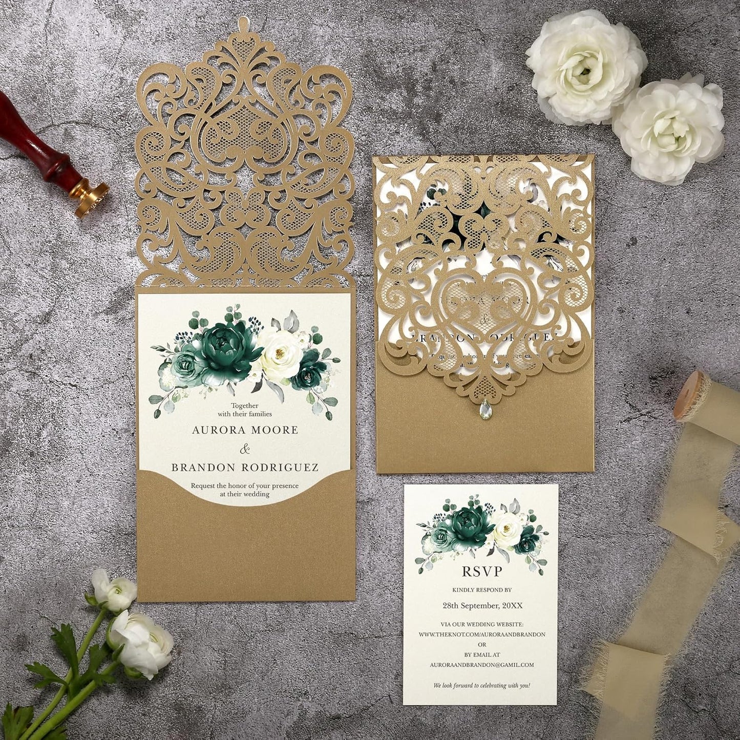 50pcs Laser Cut Wedding Invitations with Envelopes and RSVP Cards Green and Gold, 5x7.3 Personalized Invitation Cards for Wedding, Anniversary Invitations with Rhinestone
