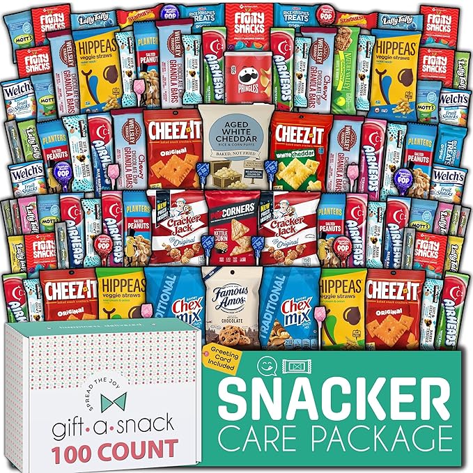 Gift A Snack - Halloween Trick or Treats Snack Box Variety Pack Care Package + Greeting Card (100 Count) Birthday Sweet Treats Gift Basket, Candies Chips Crackers Bars, Office Food Assortments