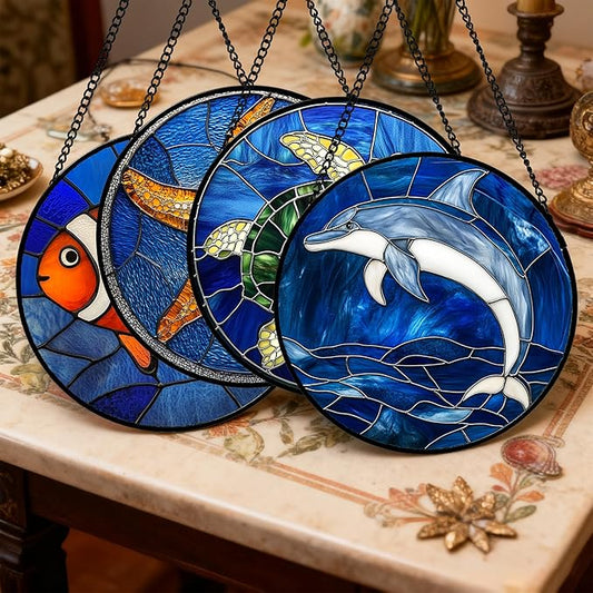 Stained Glass Window Hanging 4 Pcs Set Blue Ocean Turtle Dolphin 6.3" - Marine Life Suncatcher Garden Sun Catcher Decor Birthday Mother's Day for Mom Woman Nana Men