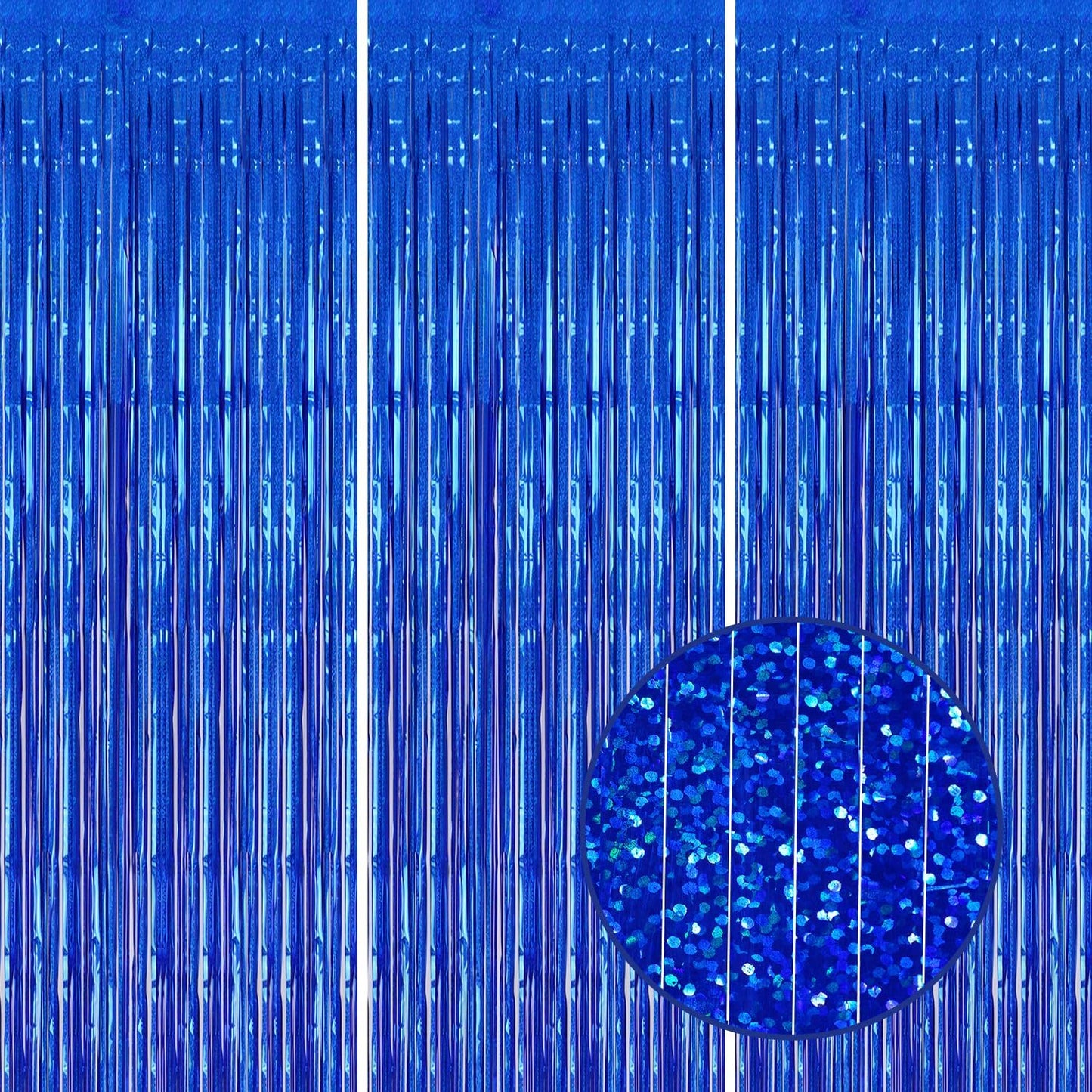 3 Pack Foil Fringe Backdrop - Laser Royal Blue Shiny Tinsel Curtains for Party Decoration/Photo Booth Props - 3.3x8.2 FT Metallic Foil Backdrop for Birthday, Wedding, Graduation, Christmas