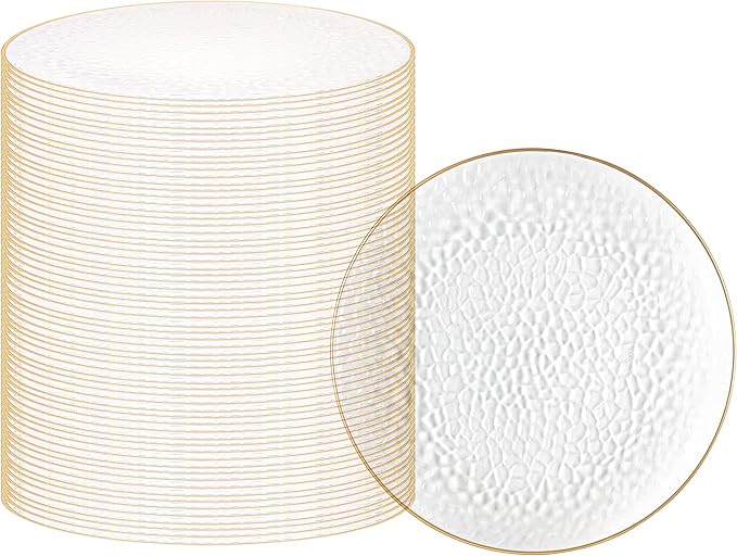 PARTY BARGAINS 13-Inch Charger Plates - 96 Pack, Hammered Clear Gold Rim, Heavy-Duty Disposable Chargers for Elegant Dining - Ideal for Weddings and Formal Events
