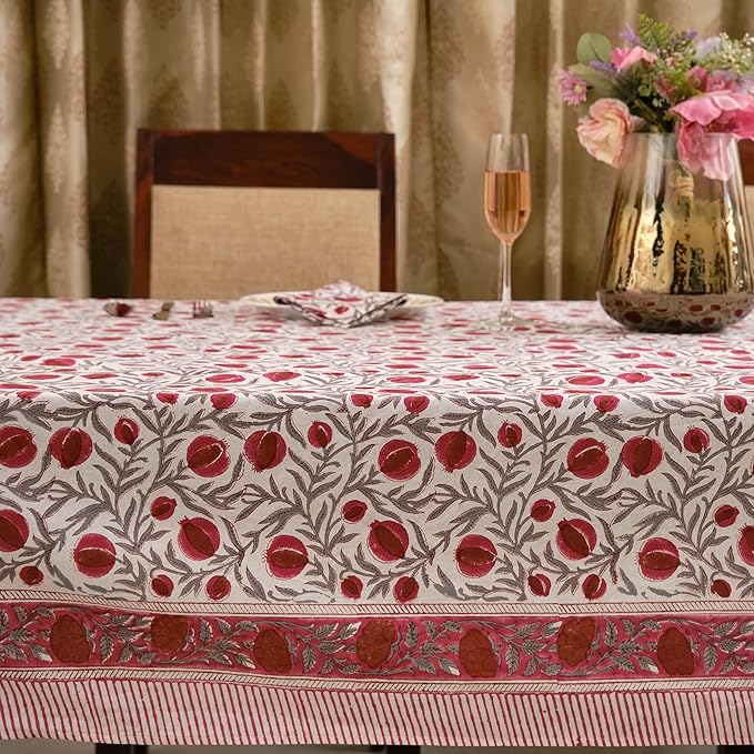 Ridhi Hand Block Print Sangria Red Rectangle Cotton Tablecloth 160" x 72" Reusable Table Cover Decorative Everyday Use for Dining, Farmhouse, Home Gift for Spring, Easter, Valentine