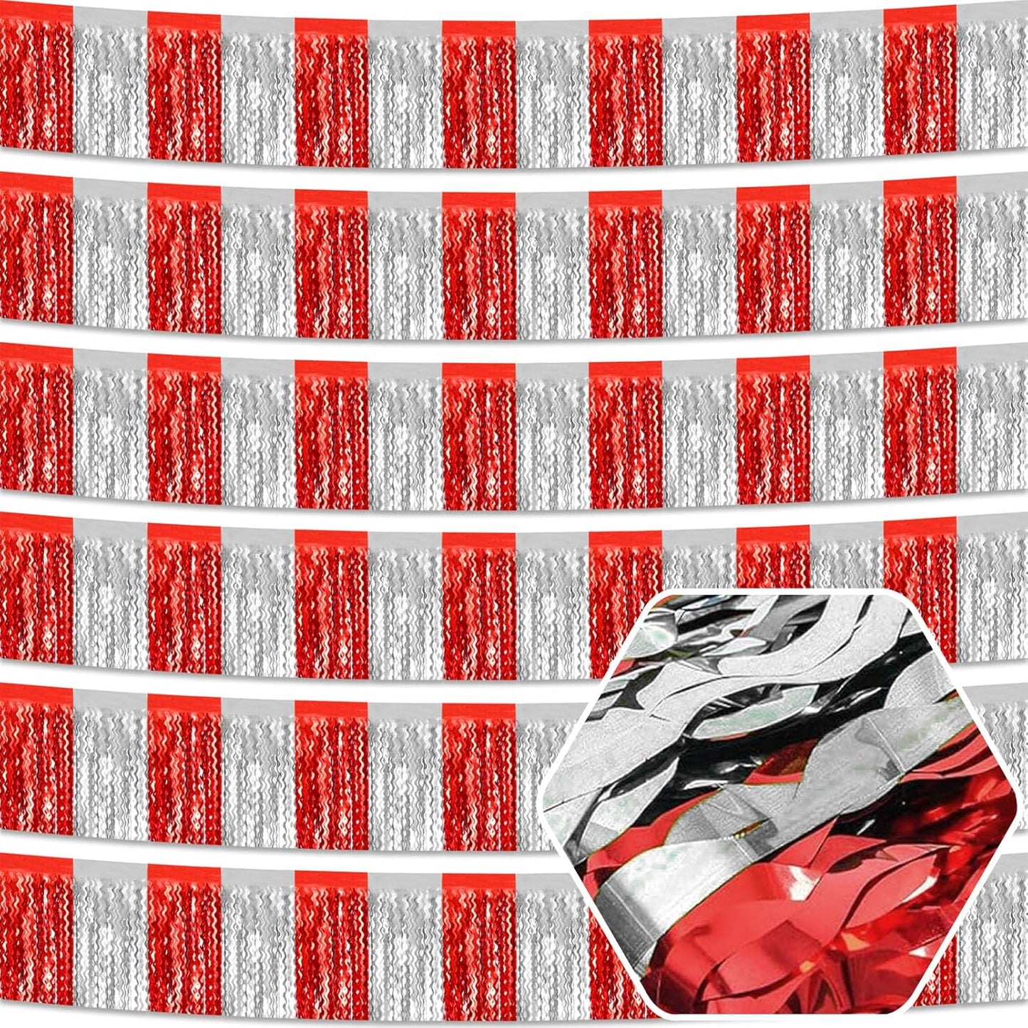 6 Pack 10 Feet Red Silver Wave Foil Fringe Garland Metallic Tinsel Streamers Banner Wall Hanging Curtain Backdrop for Parade Floats, Mother's Day, Easter, Wedding, Birthday Party Decoration