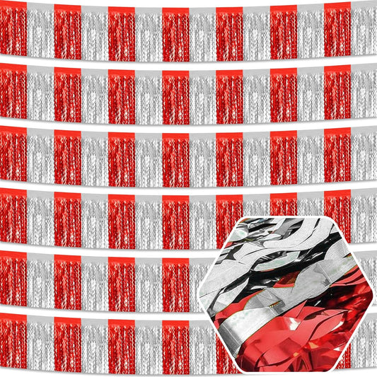 6 Pack 10 Feet Red Silver Wave Foil Fringe Garland Metallic Tinsel Streamers Banner Wall Hanging Curtain Backdrop for Parade Floats, Mother's Day, Easter, Wedding, Birthday Party Decoration