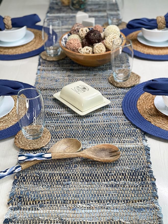 Chardin Home 14x72 Inch Handcrafted Table Runner – Natural Jute and Denim Chindi – Rustic Boho Farmhouse Table Decor – Sustainable Dining Table Accent for Everyday or Special Occasions