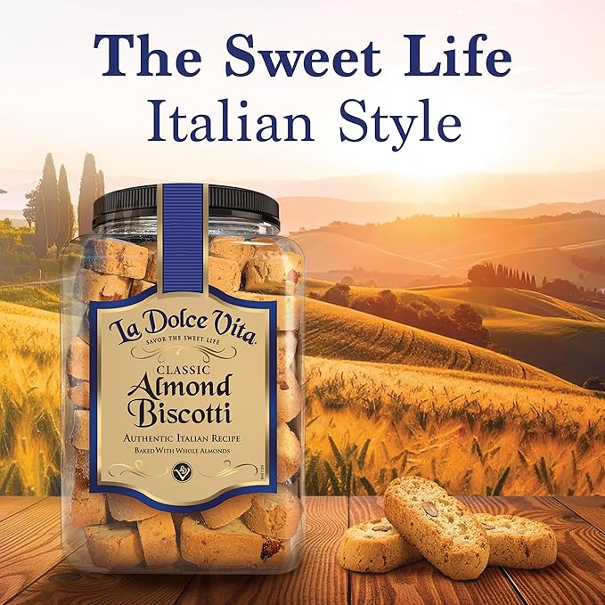 La Dolce Vita Classic Almond Italian Biscotti Cookies, Gourmet Coffee & Tea Dipping Snack, 40 oz Jar
