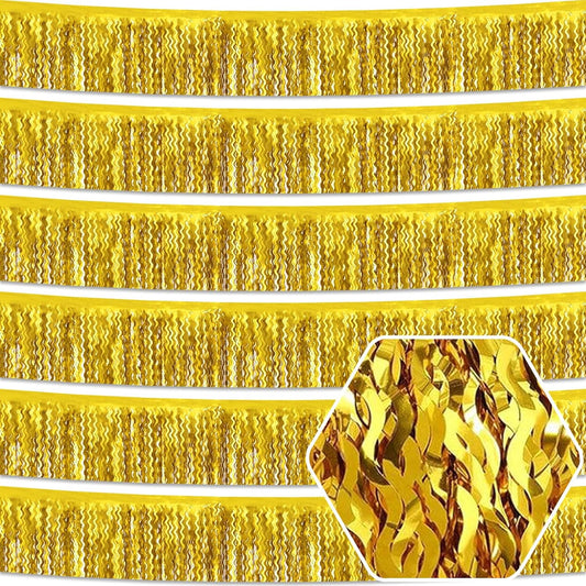 6 Pack 10 Feet Gold Wave Foil Fringe Garland Metallic Tinsel Streamers Banner Wall Hanging Curtain Backdrop for Parade Floats, Mother's Day, Easter, Wedding, Birthday Party Decoration