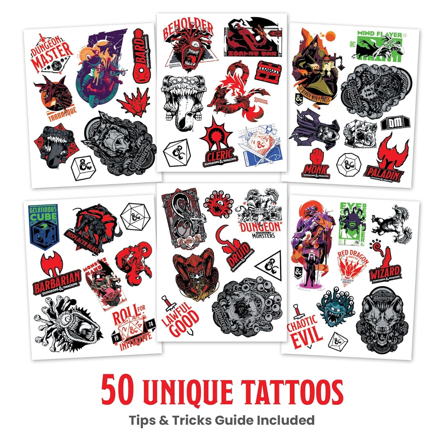Savvi - 50 Dungeons & Dragons Temporary Tattoos: Skin-Safe Ink, Great for Birthday Parties and Game Nights, Boys and Girls Ages 4-12+, Made in the USA [6 sheets, 50 count]