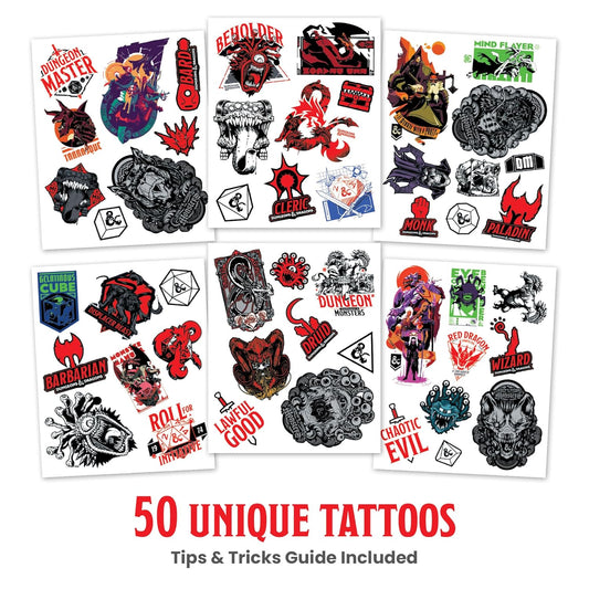 Savvi - 50 Dungeons & Dragons Temporary Tattoos: Skin-Safe Ink, Great for Birthday Parties and Game Nights, Boys and Girls Ages 4-12+, Made in the USA [6 sheets, 50 count]