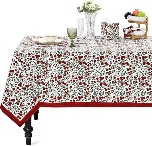 Ridhi Hand Block Print Garnet Red Rectangle Cotton Tablecloth 160" x 72" Reusable Table Cover Decorative Everyday Use for Dining, Farmhouse, Home Gift for Spring, Easter, Valentine