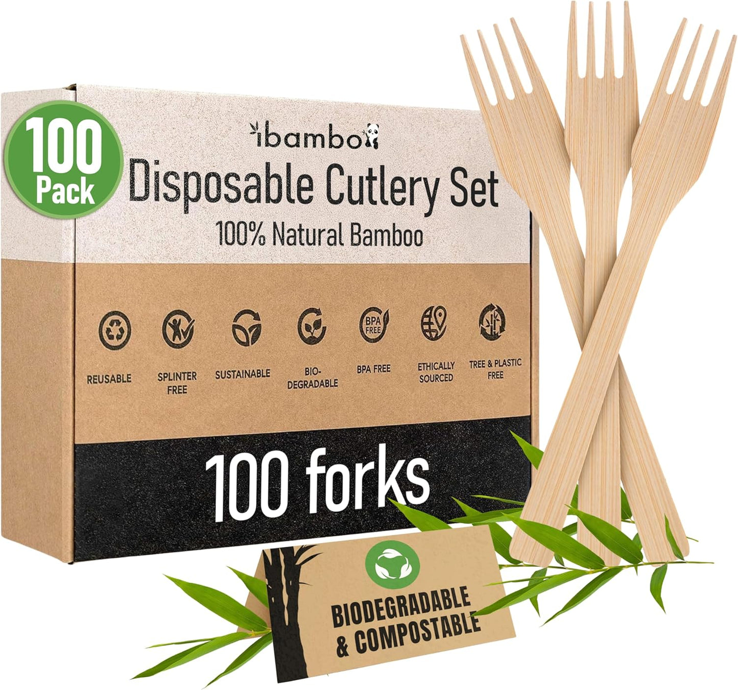 Ibambo 100% Bamboo Forks Set - High End Disposable Cutlery (100 Biodegradable Forks) | Reusable or Disposable Bamboo Utensils | Compostable FSC Certified Flatware for Weddings, Camping, Parties