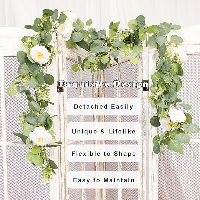 Artificial Eucalyptus Garland with Flowers White Roses 2PCS 11.8FT Faux Greenery Garland Fake Eucalyptus Leaves for Wedding Arch Farmhouse Mantle Table Runner Decor Centerpiece Home Party Decor