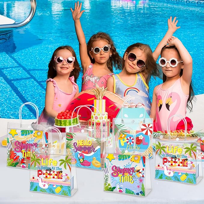 H1vojoxo Summer Themed Gift Bags - 24PCS Pool Beach Party Favor Clear Bags with Handles 7.87x3.2x7.87 Inch Summer Clear PVC Gift Bag 4 Styles Waterproof and Reusable Pool Goodie Treat Party Tote Bag