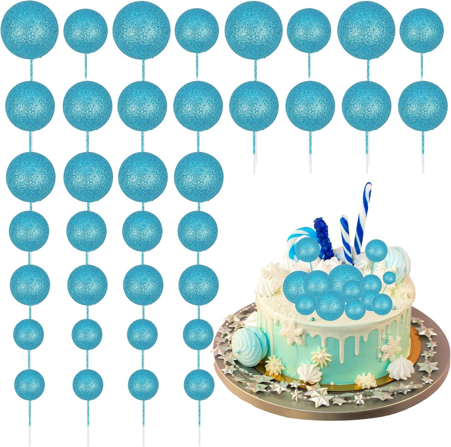 30Pcs Glitter Balls Cake Topper DIY Cake Insert Toppers Ball Cake Picks Cupcake Topper for Birthday Party Baby Shower Wedding Cake Decoration Blue