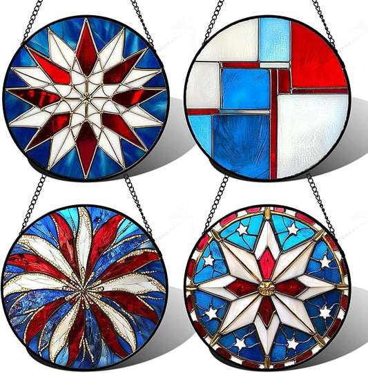 Stained Glass Window Hanging 4 Pcs Set Abstract Flowers in Red White Blue 9.8" - Suncatcher Door Garden Sun Catcher Decor Birthday Mother's Day Xmas Gift for Mom Woman Nana Men Parents