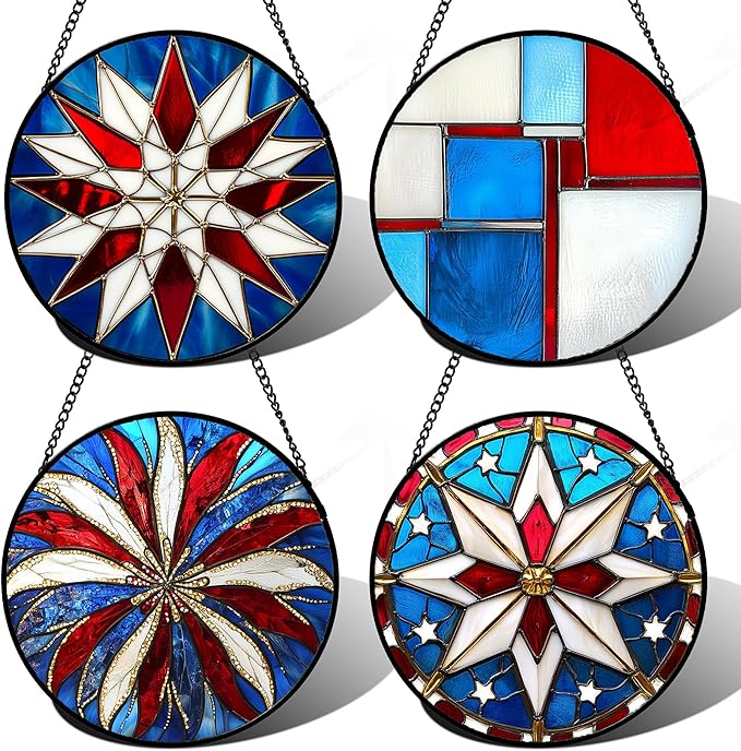 Stained Glass Window Hanging 4 Pcs Set Abstract Flowers in Red White Blue 7.8" - Suncatcher Door Garden Sun Catcher Decor Birthday Mother's Day Xmas Gift for Mom Woman Nana Men Parents