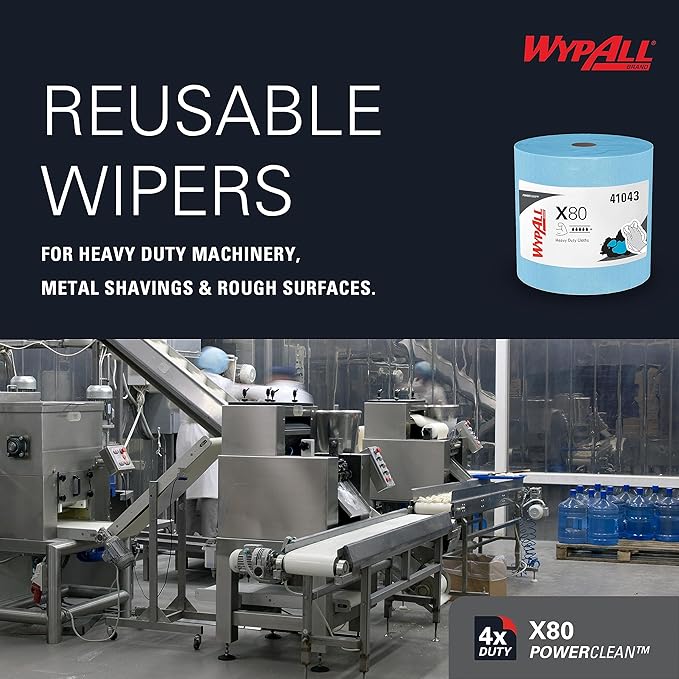 WypAll PowerClean X80 Cloths Heavy Duty Wipes (41043), Jumbo, Extended Use Towels, Blue (1 Roll of 475 Sheets, 475 Sheet Total)