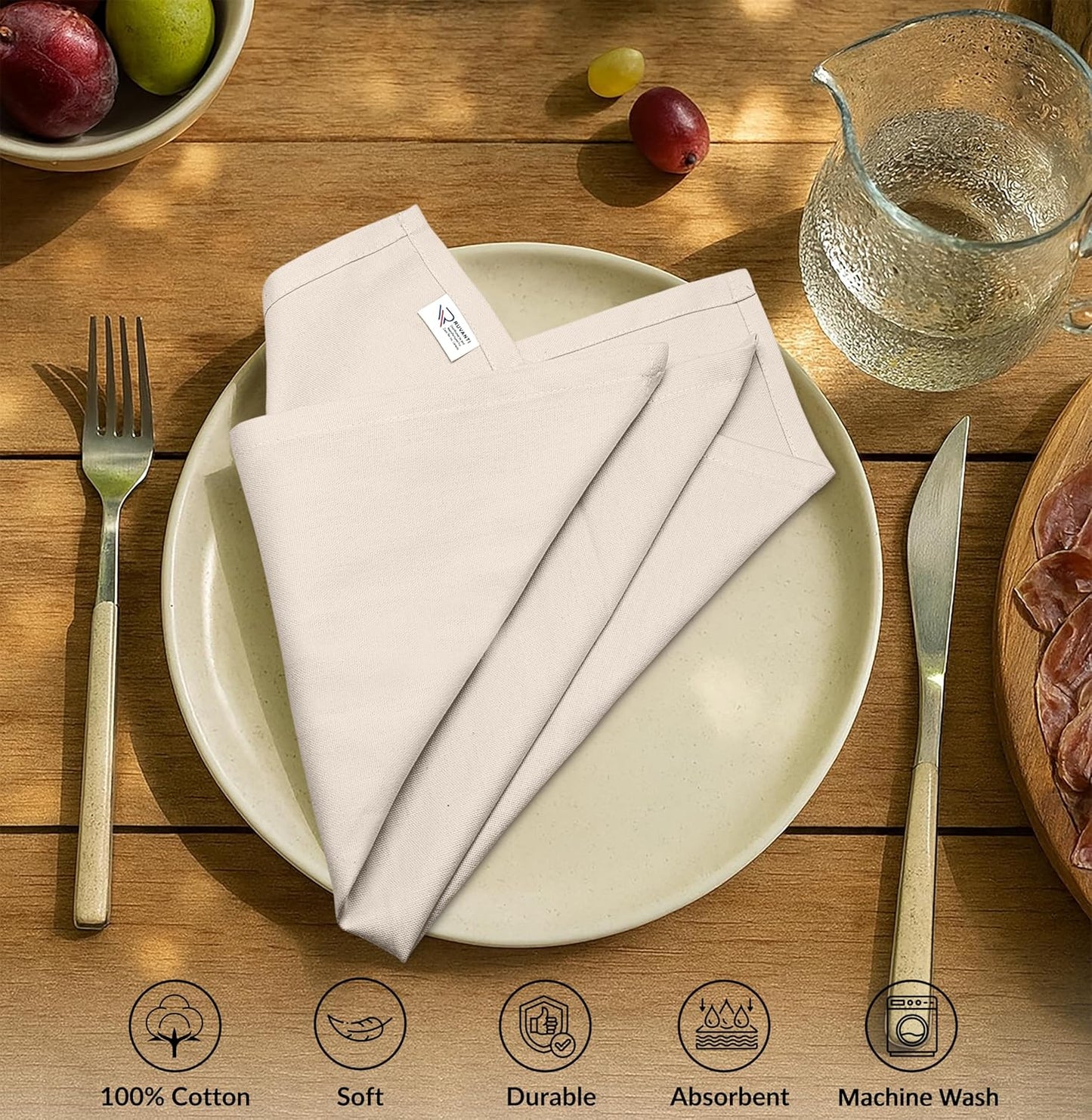 Ruvanti Premium Cloth Napkins Set of 6, 18x18 Inches, 100% Cotton, Washable, Soft & Absorbent, Perfect for Wedding, Christmas, ‎Thanksgiving Dinners - Natural Color