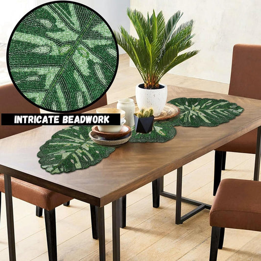 Luxury Glass Beaded Table Runner for Dining Table - 36x13 Inches Leaf Design Glitz Table Runner with Polyester Back for Tabletop, Wedding, Thanksgiving, Easter Party Decoration (Green) - CLEENTABLE