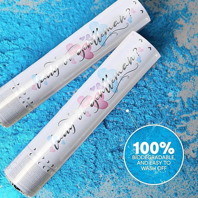 PrimePure Gender Reveal Confetti Cannon - Biodegradable Powder Cannon - Blue, 2 Pack - Baby Boy Gender Reveal Smoke Bomb - Blue Baby Powder Party Poppers Confetti Shooters