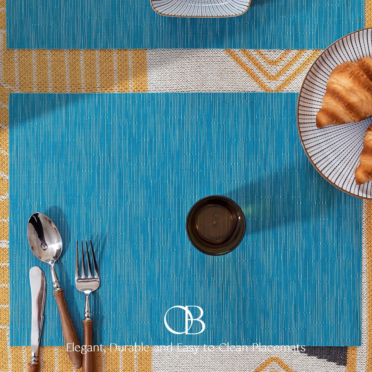 Placemats Set of 4 - Easy Clean Woven Vinyl Placemats for Dining Table, Indoor/Outdoor Place Mats, Washable PVC Table Mats（Teal Blue）
