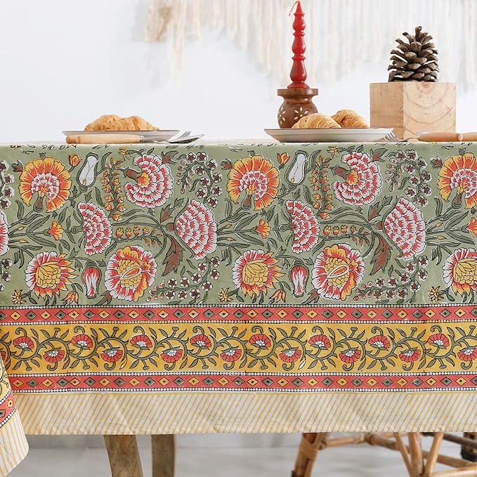 Labhanshi Indian Hand Block Print Rectangle Table Cloth for Kitchen Dining Table|Cotton Floral 8 Seater Picnic Camping Outdoor Table Cover|Spring Easter Decor 72X108 Inch|Burnt Orange