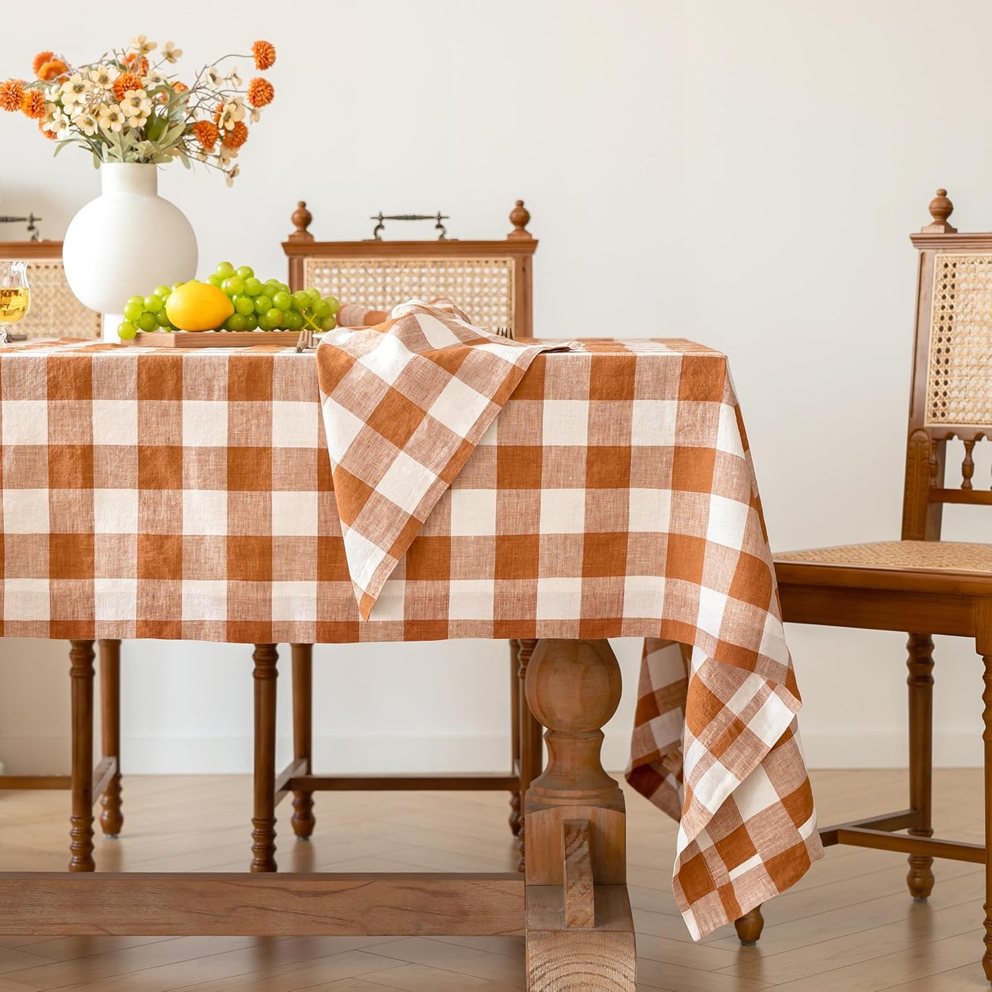 Linen World Gingham Tablecloth – Buffalo Plaid Linen Tablecloth 120" x 60" Inch,100% French Flax Table Cloth for Dining Table,Weddings,Thanksgiving & Christmas Decor,Rust Checkered