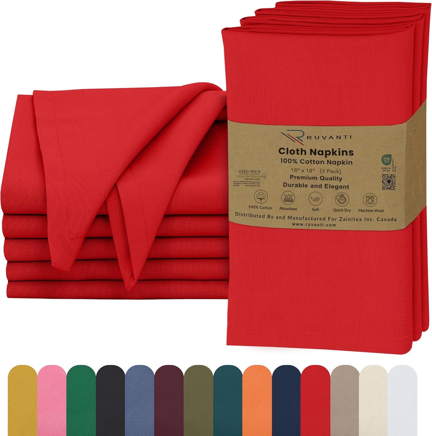 Ruvanti Cloth Napkins Set of 6, 18x18 Inches, 100% Cotton, Washable, Soft & Absorbent, Perfect for Wedding, Christmas, ‎Thanksgiving Dinners - Flame Scarlet