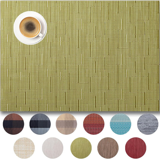 Placemats Set of 4 - Easy Clean Woven Vinyl Placemats for Dining Table, Indoor/Outdoor Place Mats, Washable PVC Table Mats （Pea Green）