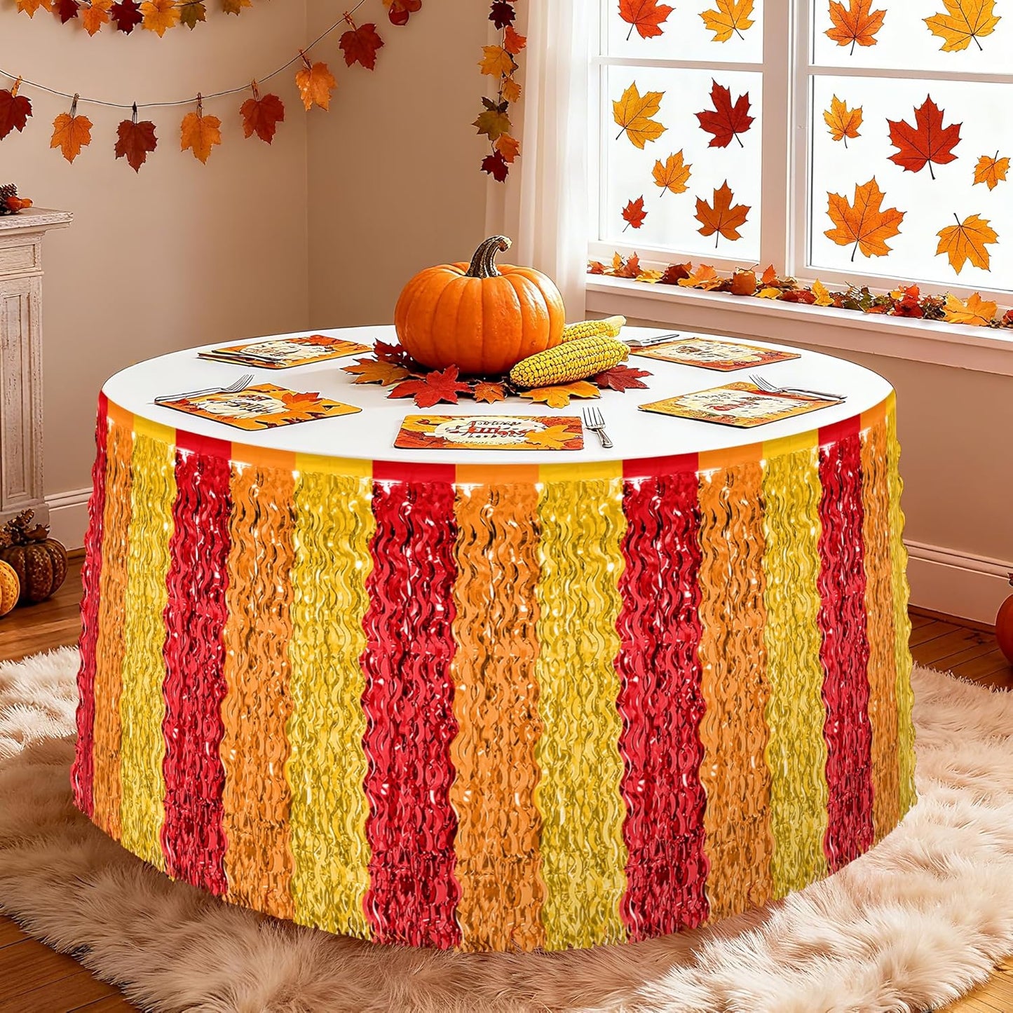 Thanksgiving Table Skirt Decor, 2 Pack Red Orange Gold Desk Skirts Decorations, Metallic Thanksgiving Wavy Tinsel Foil Fringe Table Skirts, Foli Table Skirt for Fall Holiday Party Backdrop Decor