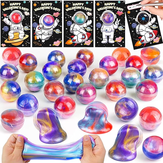 28 Pack Valentines Day Gifts for Kids Classroom, Galaxy Slime Kit Valentines Cards for Kids School Class Valentines Day Slime Fidget Toys Valentines Exchange Cards Valentines Party Favors Boys Girls