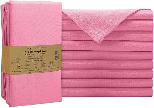 Ruvanti Cloth Napkins Set of 12, 100% Cotton High GSM 18x18 Inches Soft, Washable, Highly Durable & Absorbent, Perfect for Parties, Christmas, Thanksgiving Dinners – Pink Bubblegum