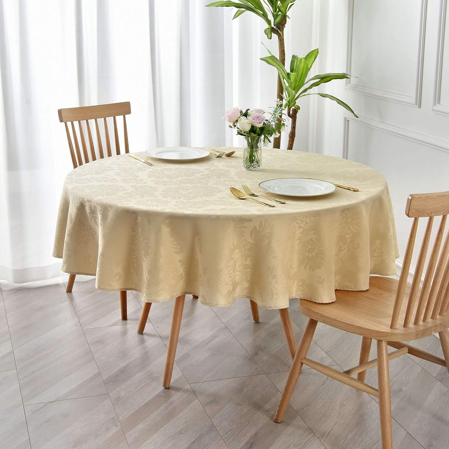 maxmill Jacquard Round Table Cloth Damask Design Waterproof Antiwrinkle Heavy Weight Soft Tablecloths for Circular Table Cover and Kitchen Dinning Tabletop Round 70 Inch Beige