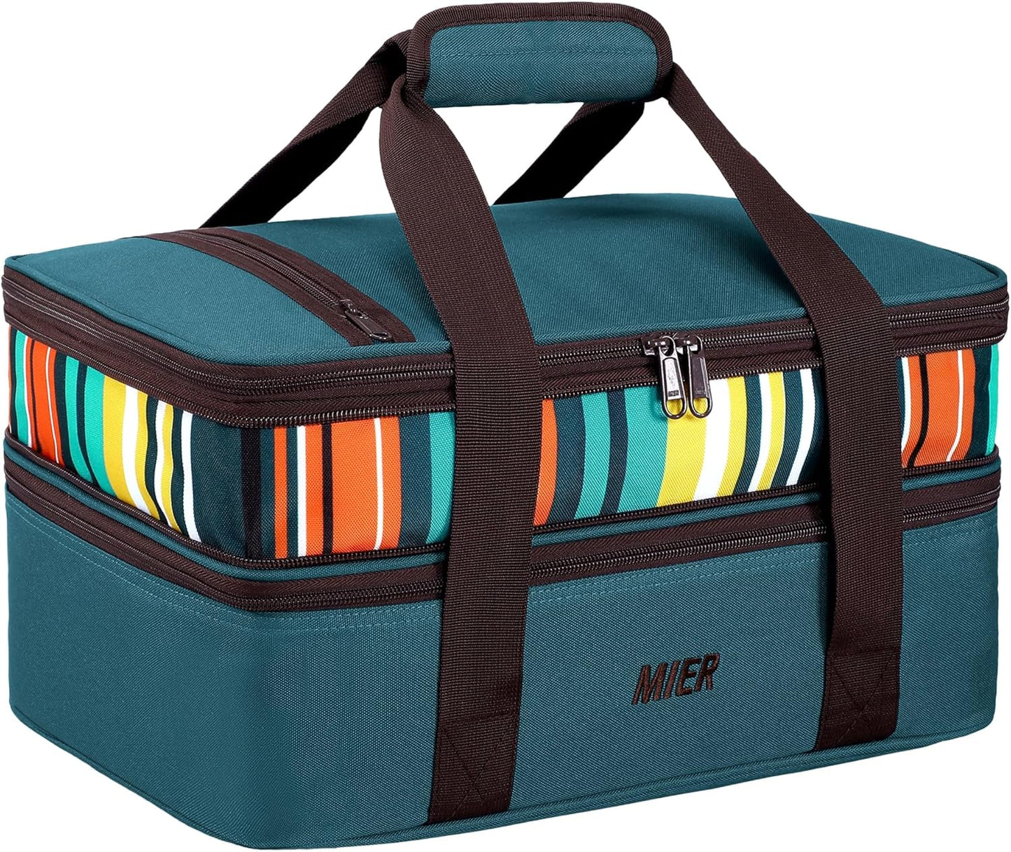 MIER Insulated Double Casserole Carrier Bag for Lasagna Lugger, Potluck Parties, Picnic, Beach, Fits 9 x 13 Inches Baking Dish, Casserole Dish, Expandable by Mid Zipper, Peacock Blue